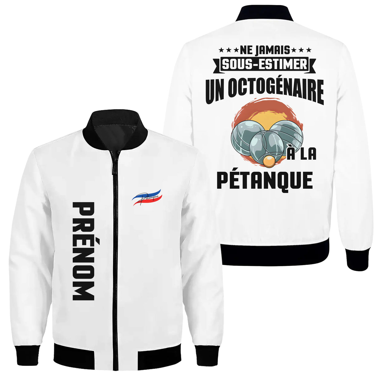Veste pétanque bomber noir vue dos design boules soleil orange tricolore octogénaire humour sport