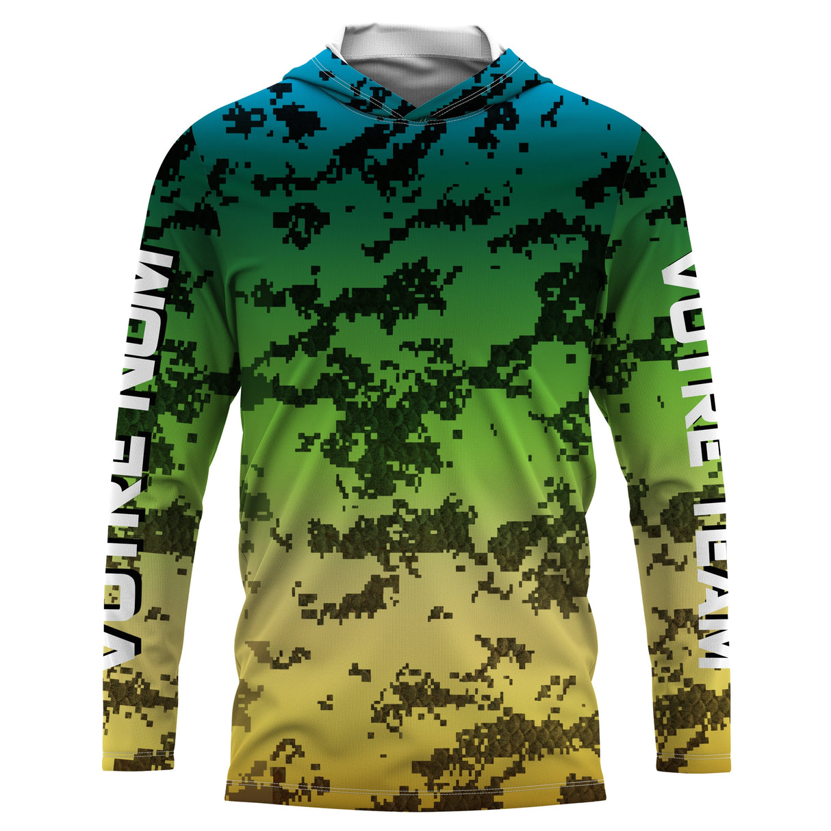 Sweat UV à capuche pêcheur camouflage pixel dégradé bleu vert jaune team prénom personnalisé, vue de face