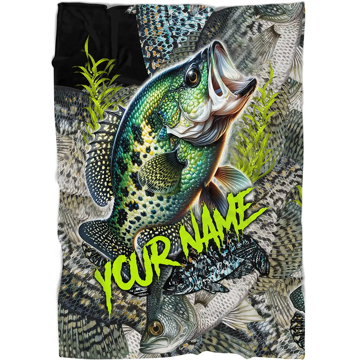 Plaid pêche crapet avec illustration vibrante du sunfish vert tacheté sur fond gris écailles, feuillages aquatiques et