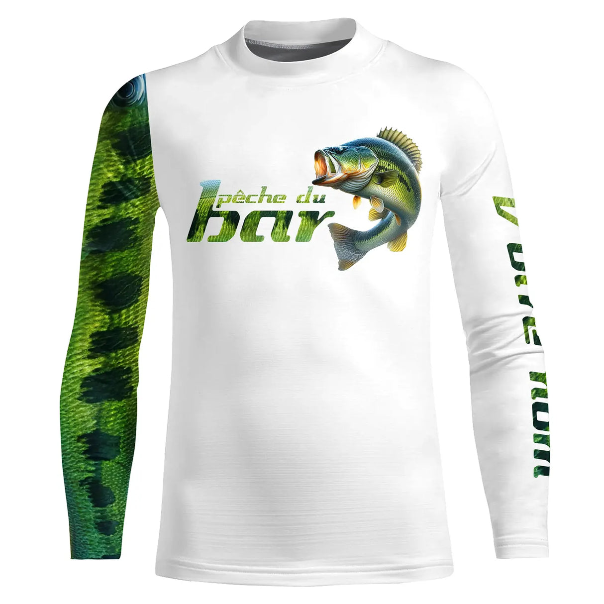 T-shirt anti UV manches courtes pêche bar, manche écailles argentées du loup, prénom brodé sur la manche droite