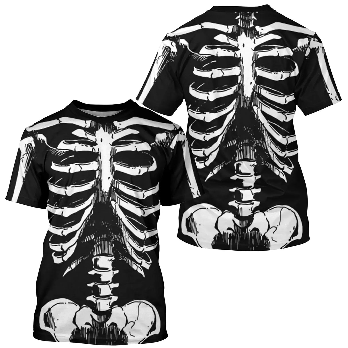 T-shirt costume Halloween squelette noir et blanc all-over avec côtes, colonne et bassin anatomiques