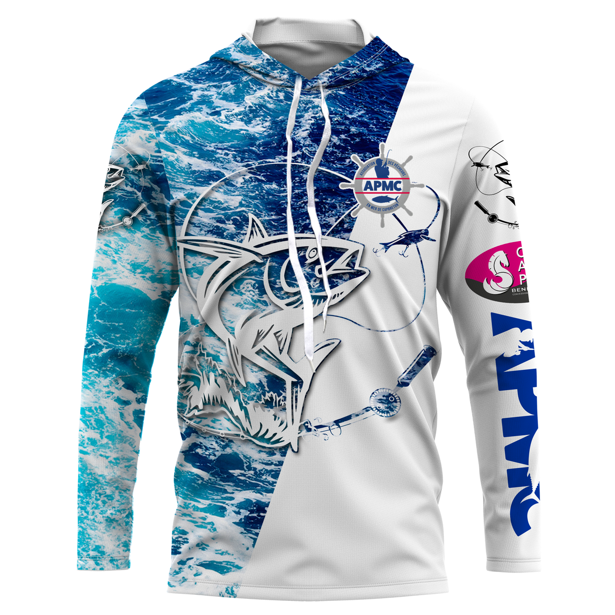 Maillot pêche anti-UV bleu mer blanc avec thon en bond et lettrage APMC, slogan J'peux pas j'ai pêche personnalisé
