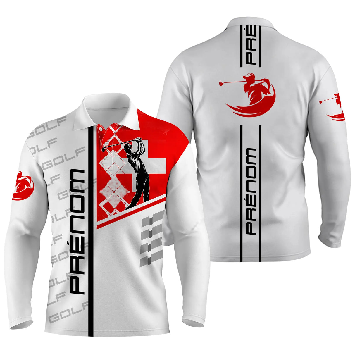 Polo golf blanc variante coloris drapeau suisse rouge croix blanche personnalisable golfeur helvétique