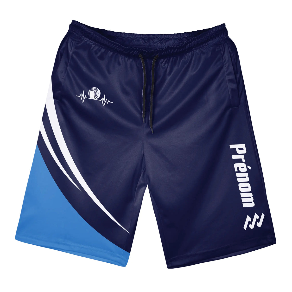 Short pétanque bleu marine homme avec boule et battement de cœur, lignes blanches sportives, prénom personnalisé