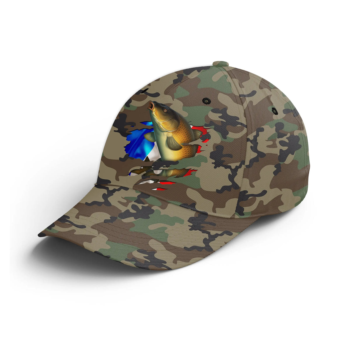 Casquette pêche carpe camouflage militaire vert kaki drapeau France carpe saut tricolore unisexe