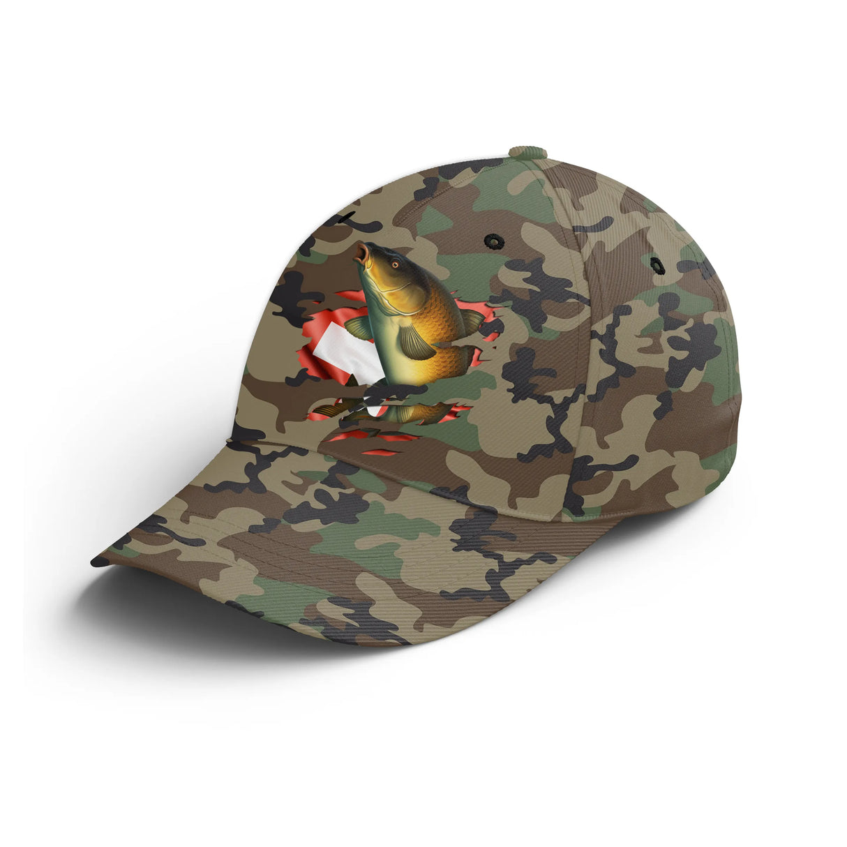 Casquette pêche carpe camouflage militaire vert kaki drapeau Suisse carpe saut helvète unisexe