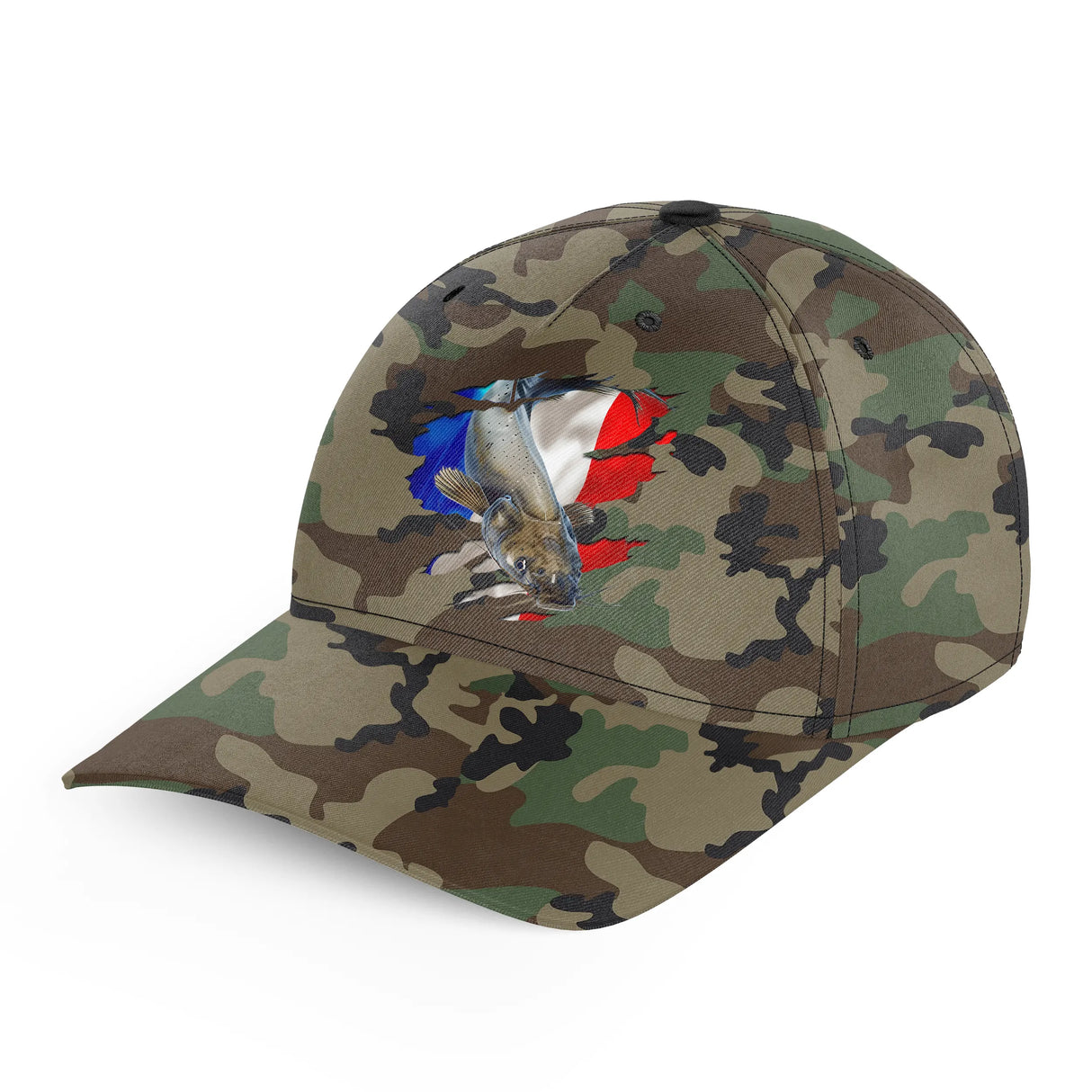 Casquette pêche silure camouflage militaire vert kaki drapeau France silure tricolore unisexe