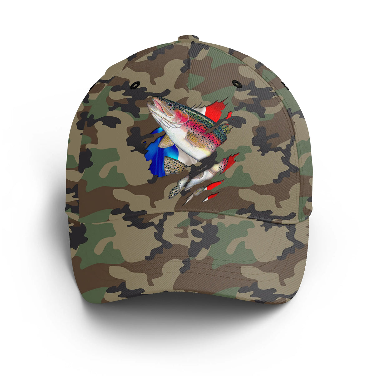 Casquette truite camouflage militaire France truite arc-en-ciel stylisée patriote unisexe rivière