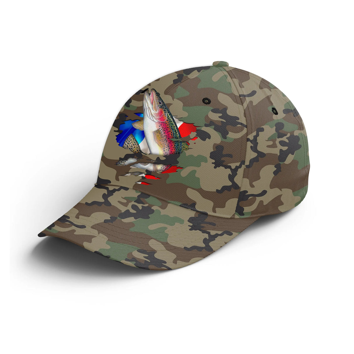 Casquette pêche truite camouflage militaire vert kaki drapeau France truite arc-en-ciel saut tricolore unisexe