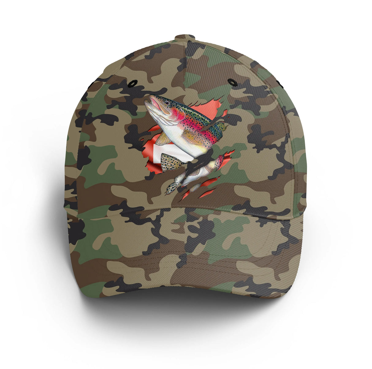 Casquette truite camouflage militaire Suisse truite arc-en-ciel stylisée croix blanche unisexe rivière