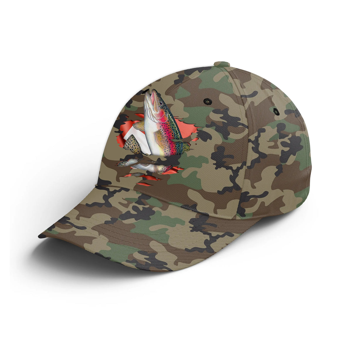 Casquette pêche truite camouflage militaire vert kaki drapeau Suisse truite arc-en-ciel helvète unisexe