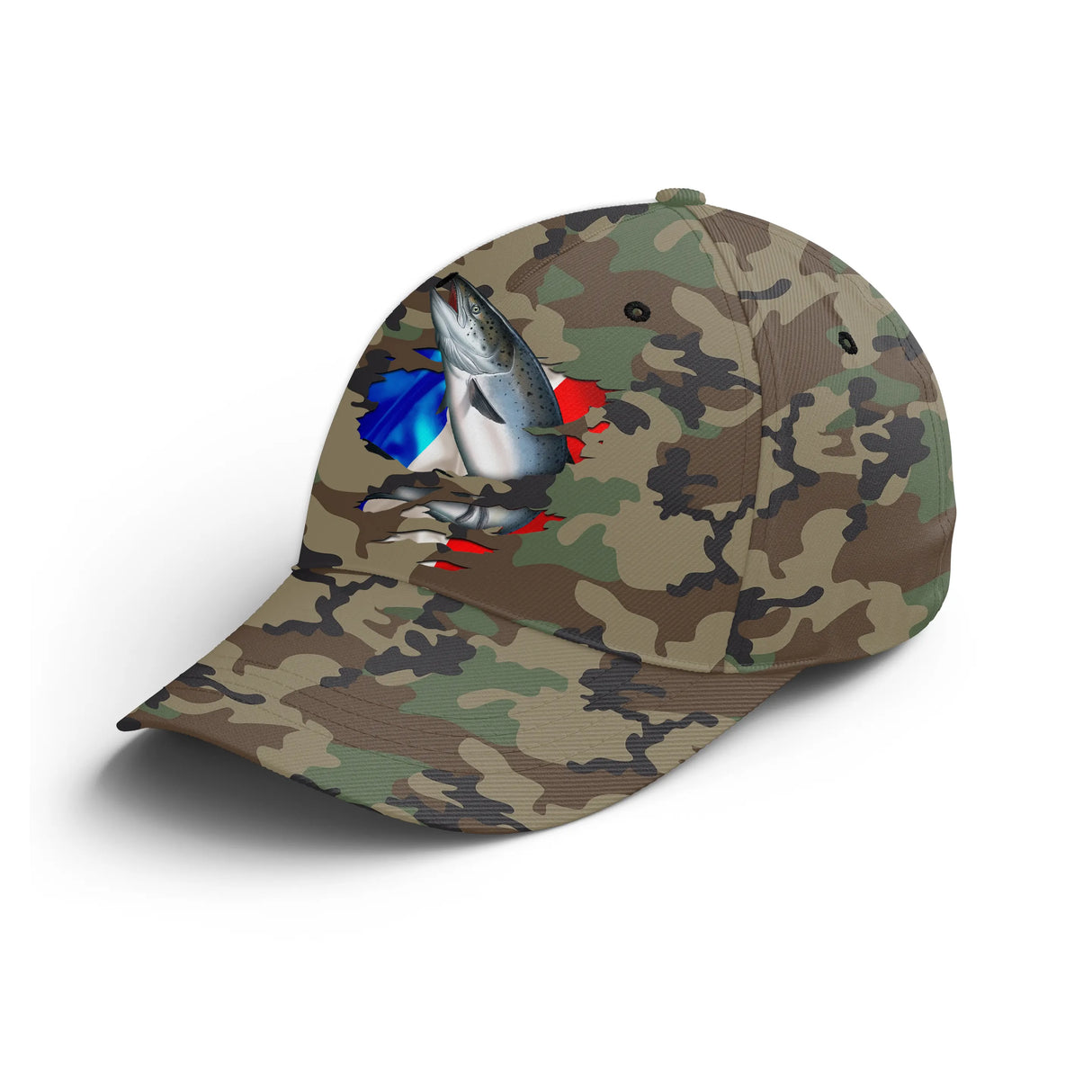 Casquette pêche saumon camouflage militaire vert kaki drapeau France saumon saut tricolore unisexe