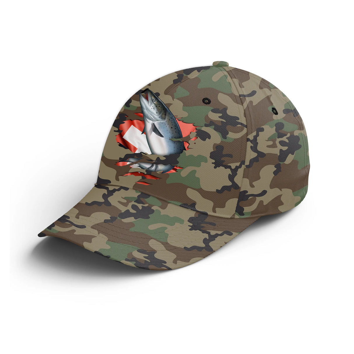 Casquette pêche saumon camouflage militaire vert kaki drapeau Suisse saumon saut helvète unisexe