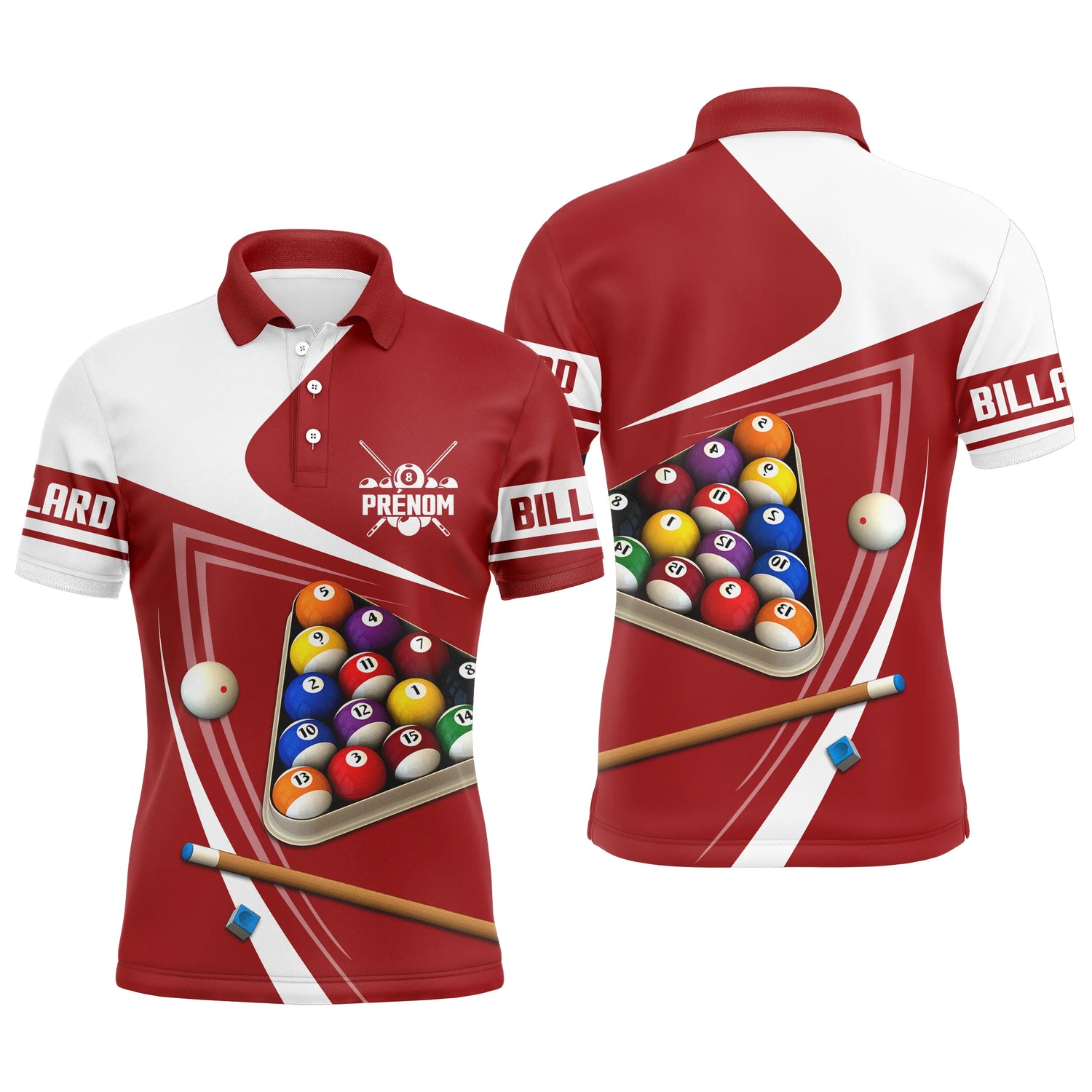 Polo Billard Personnalisé avec Prénom | Motif Unique Billes de Billard Jeu 14/1 sur Tapis Rouge | Vêtement Signature pour Amateurs de Billard - CT01072313 Polo Homme