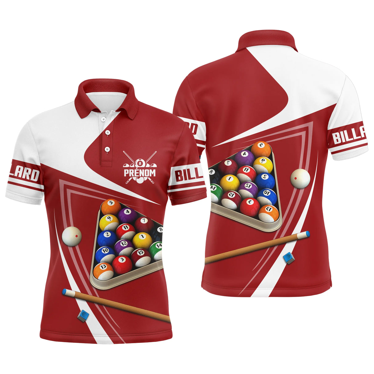 Polo billard rouge bordeaux homme avec triangle de billes colorées du jeu 14/1 et queues croisées, prénom personnalisé