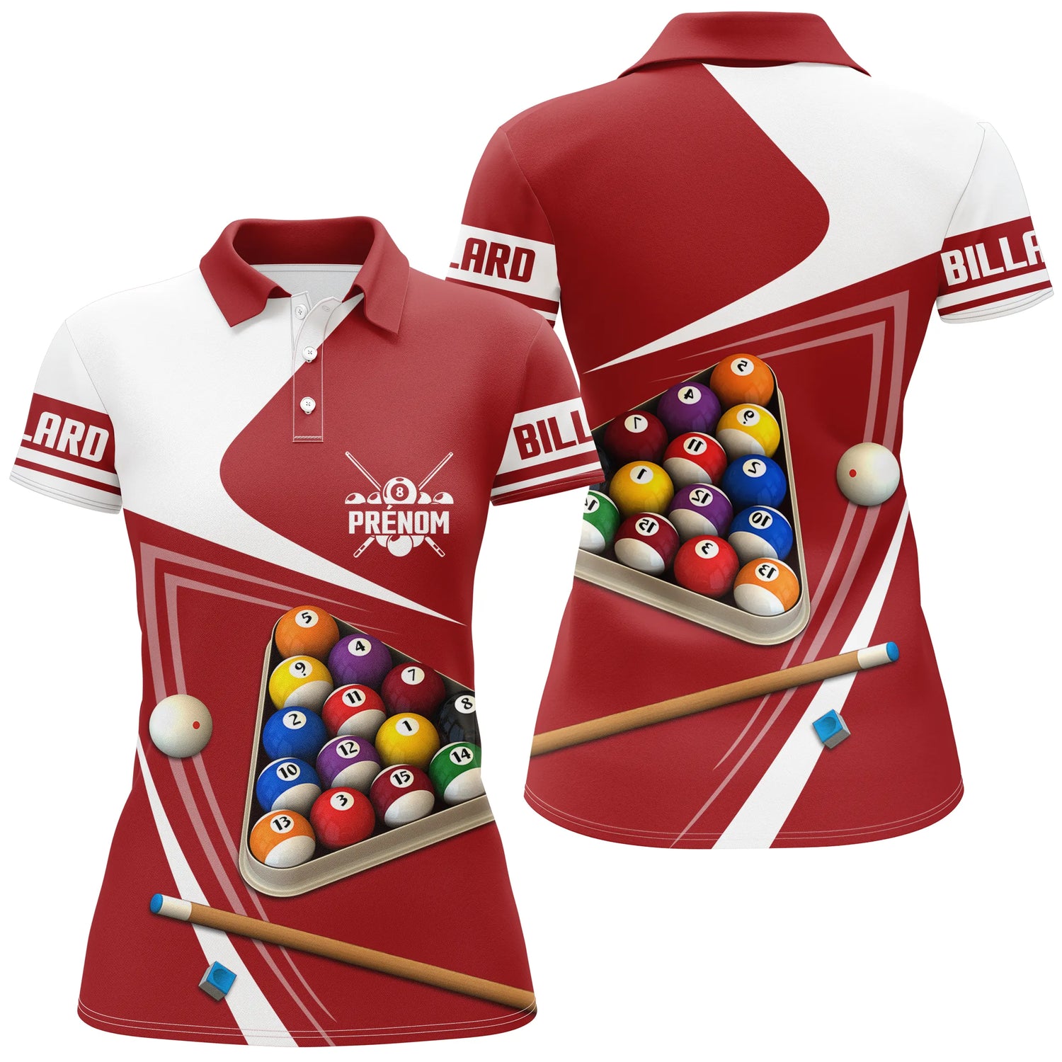 Polo Billard Personnalisé avec Prénom | Motif Unique Billes de Billard Jeu 14/1 sur Tapis Rouge | Vêtement Signature pour Amateurs de Billard - CT01072313 Polo Femme