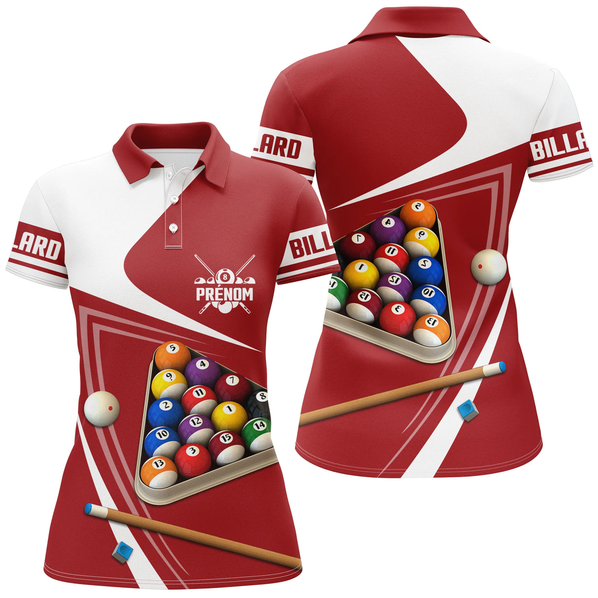 Polo billard rouge bordeaux femme avec billes du 14/1 et queues de billard, prénom personnalisé