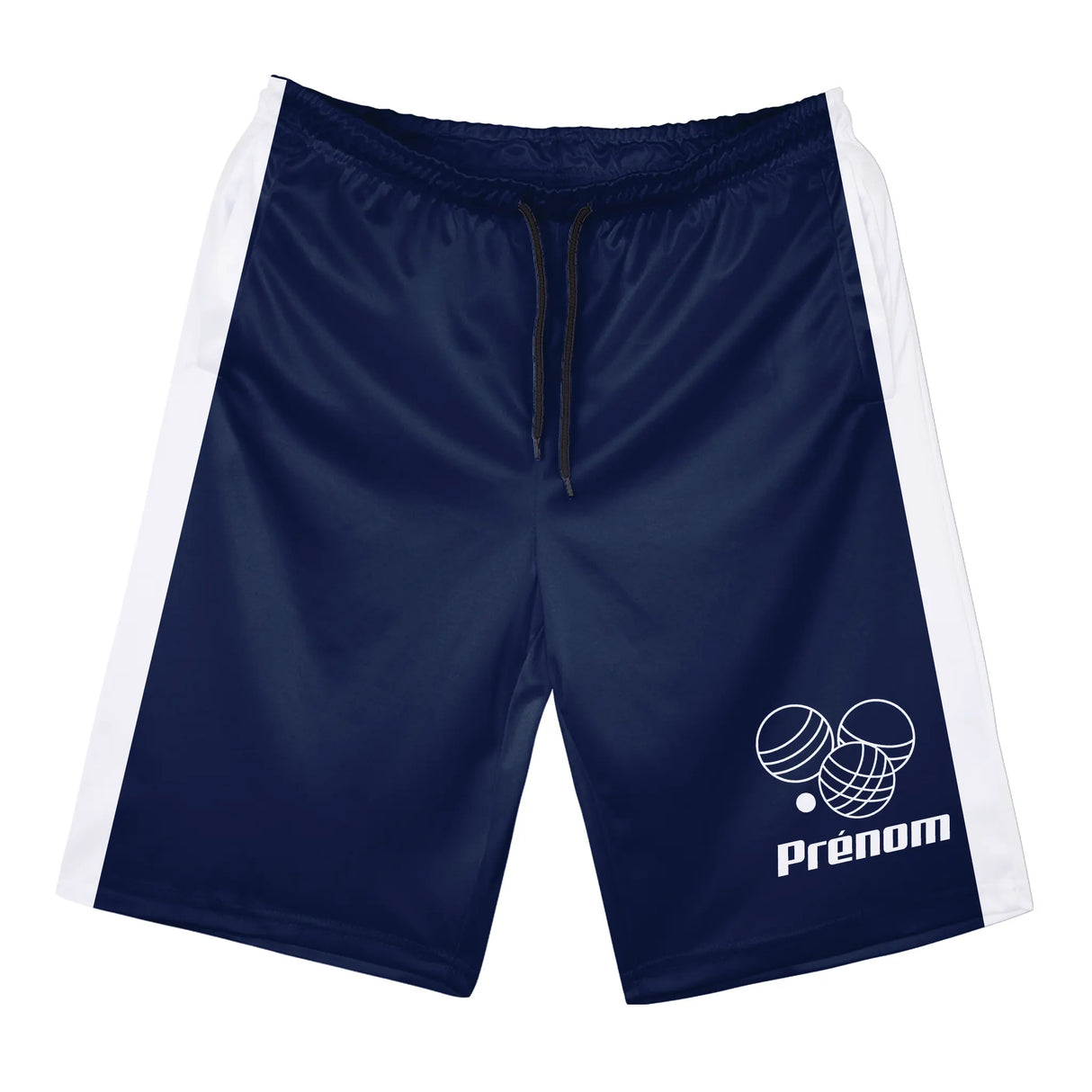 Short pétanque bleu marine et blanc homme avec motif boules pétanque, prénom personnalisé