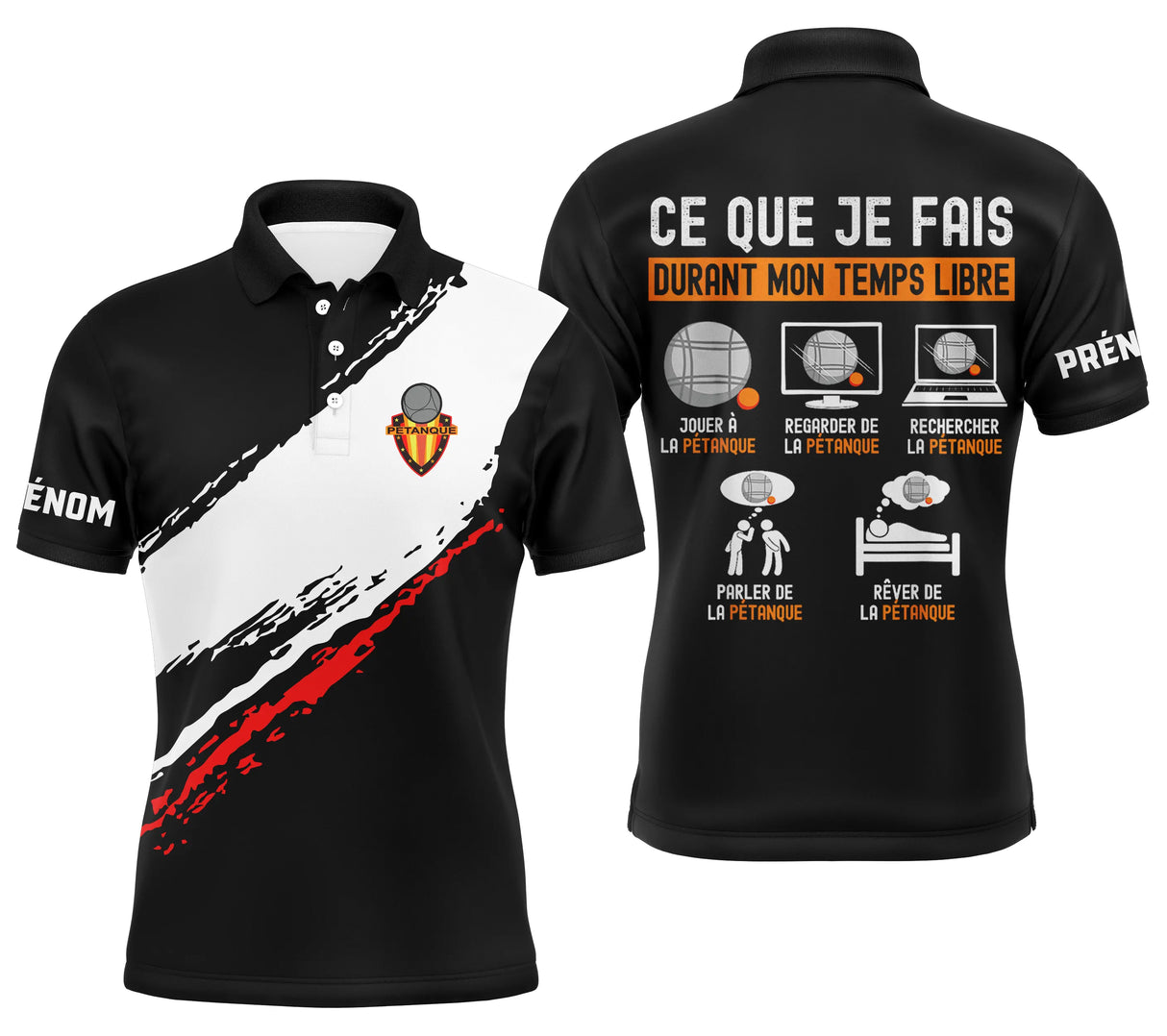 Polo pétanque homme blanc Passion Bouliste design tendance dos prénom manche logo torse personnalisé