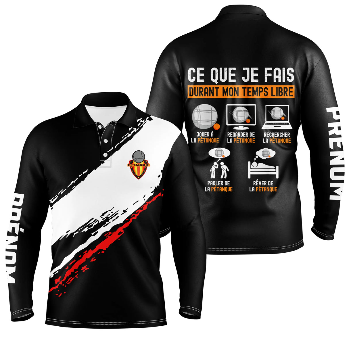 Polo manches longues homme blanc Passion Bouliste design tendance dos prénom logo personnalisé