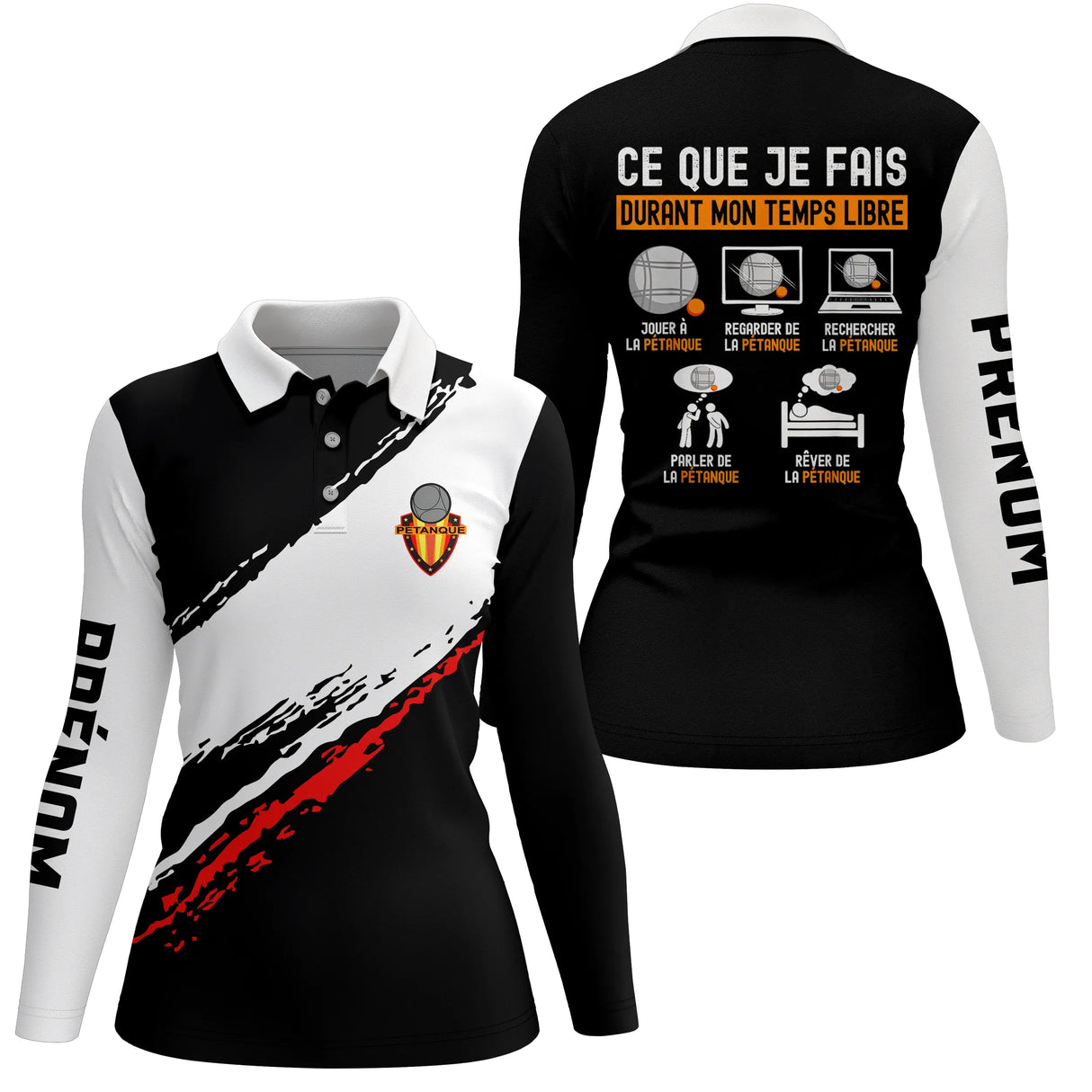 Polo manches longues femme noir Passion Bouliste design tendance dos prénom logo personnalisé