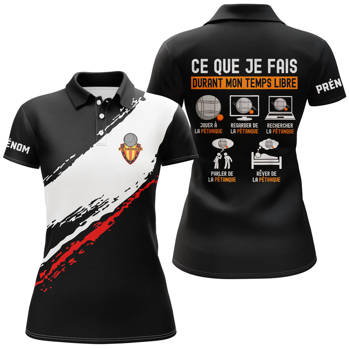 Polo pétanque femme blanc Passion Bouliste design tendance dos prénom manche logo torse personnalisé