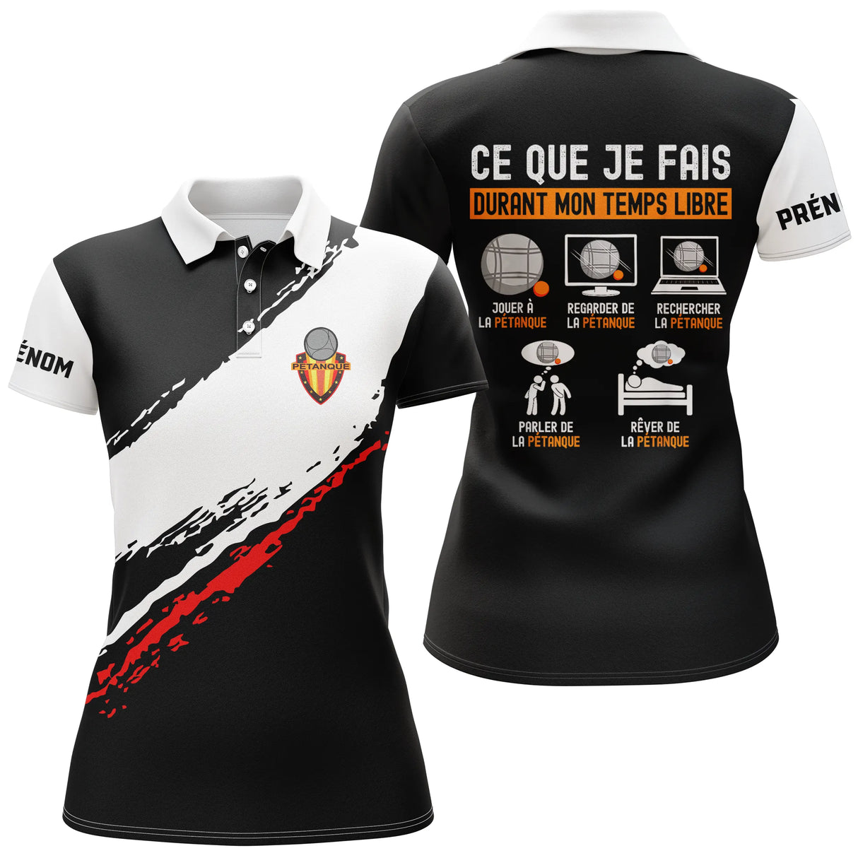 Polo pétanque femme noir Passion Bouliste design tendance dos prénom manche logo torse personnalisé