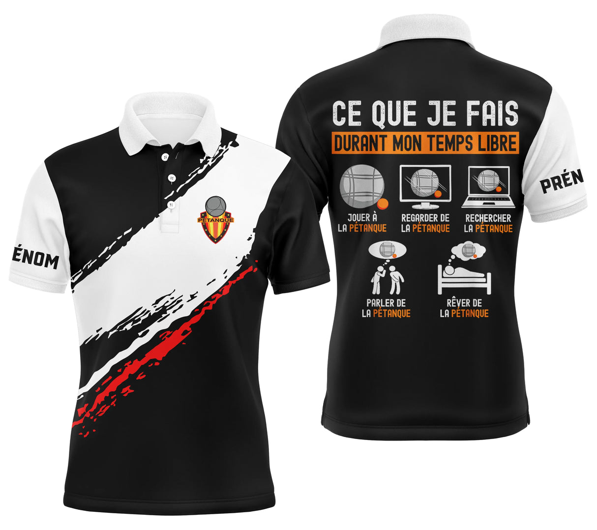 Polo pétanque homme noir Passion Bouliste design tendance dos prénom manche logo torse personnalisé