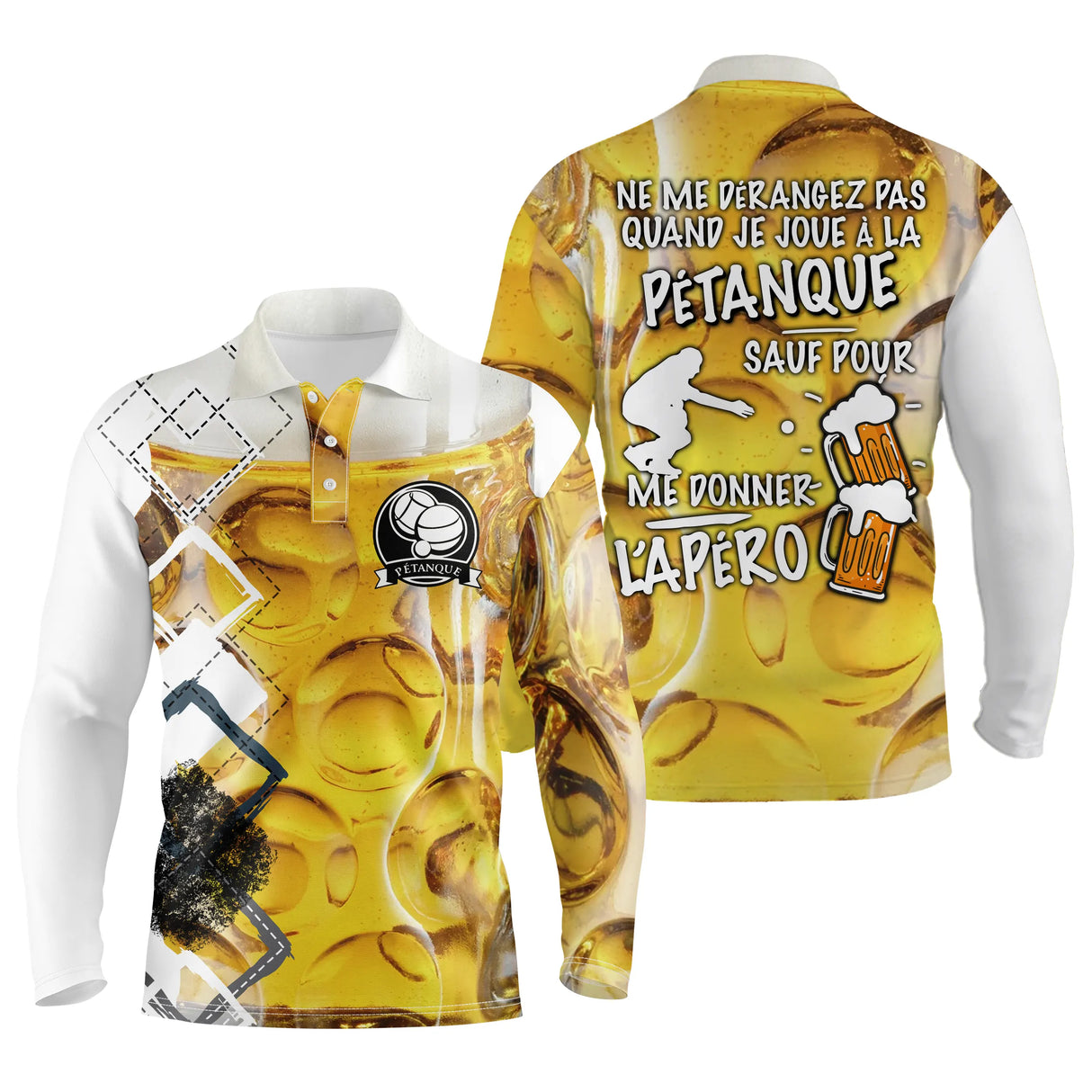 Polo pétanque jaune doré variante coloris texture bière conviviale design bouliste apéritif