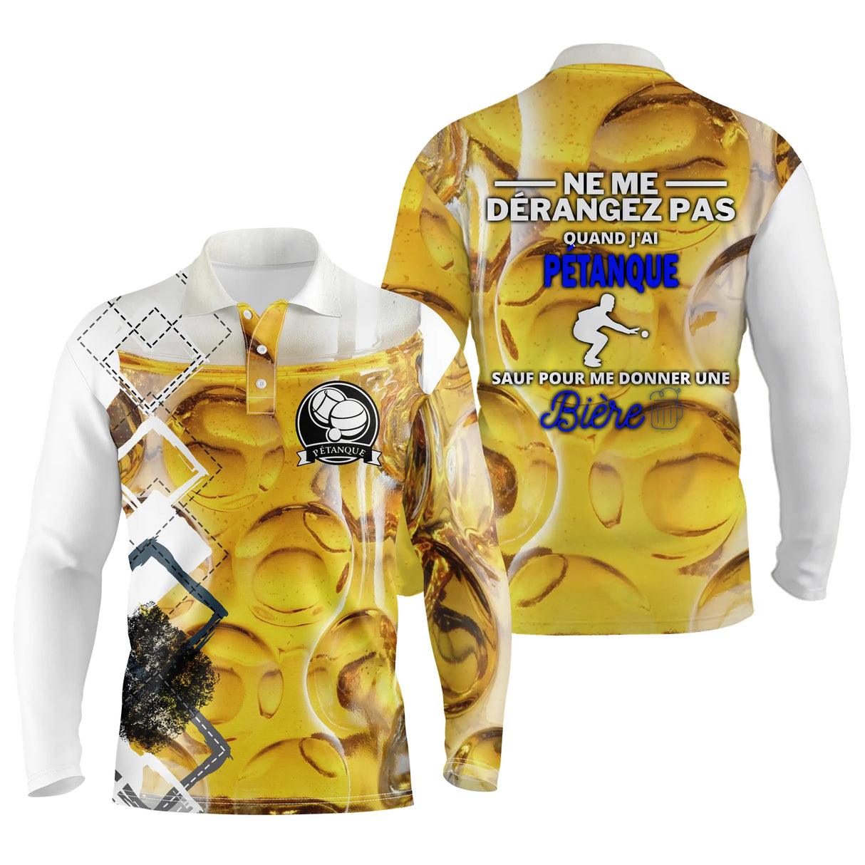 Polo pétanque jaune doré variante coloris texture bière mousseuse design bouliste convivial
