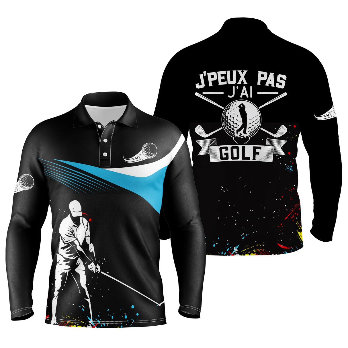 Polo de golf manches longues unisexe noir bleu ciel lettrage J'peux Pas J'ai Golf pour parcours frais