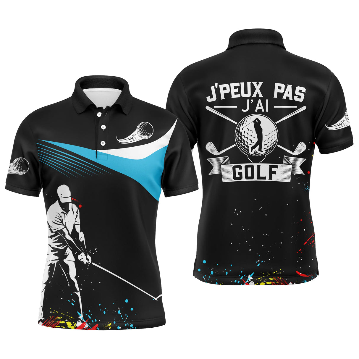 Polo de golf personnalisé homme noir avec accent bleu ciel silhouette golfeur et lettrage J'peux Pas J'ai Golf