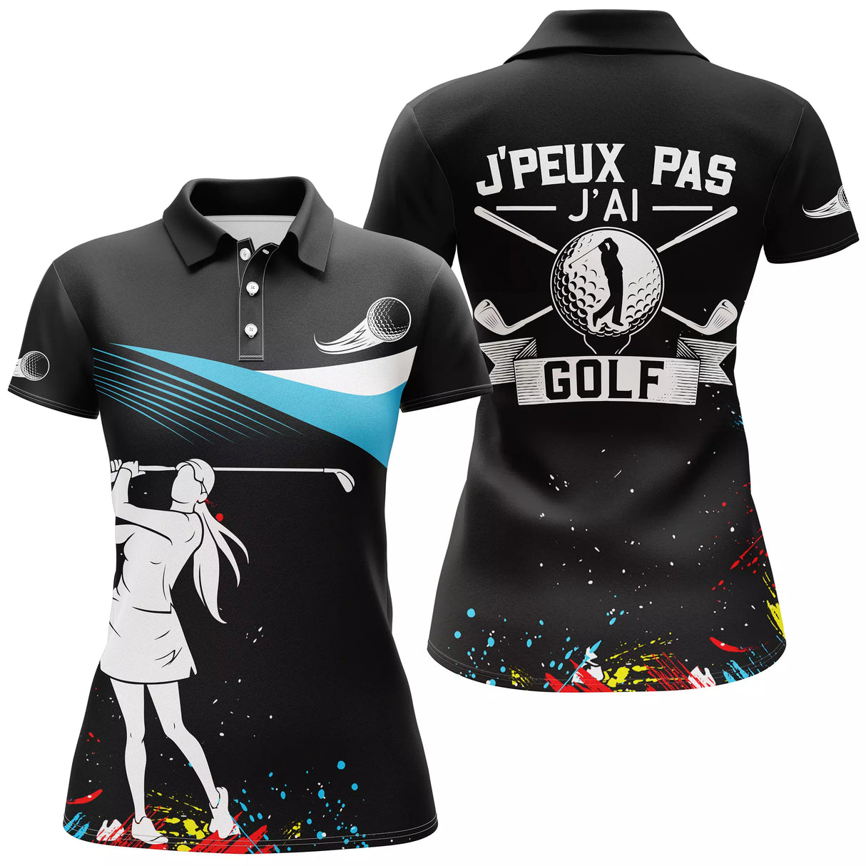 Polo de golf femme noir bleu ciel silhouette golfeuse lettrage humoristique coupe ajustée féminine
