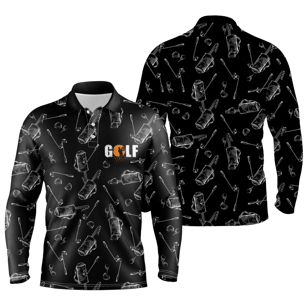 Polo de golf manches longues unisexe noir sacs de clubs all-over lettrage orange parcours frais