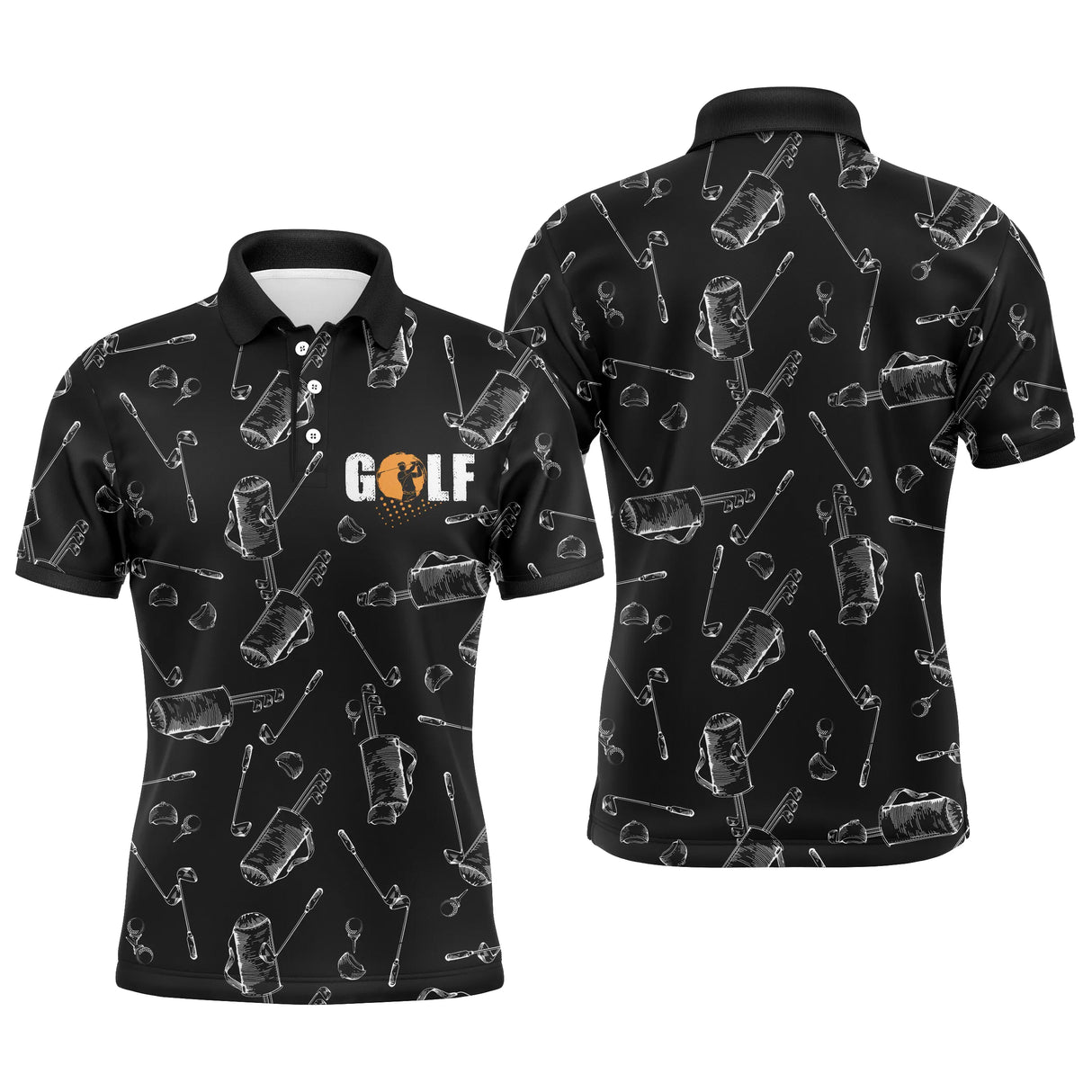 Polo de golf personnalisé homme noir avec sacs de clubs imprimés all-over et lettrage GOLF orange