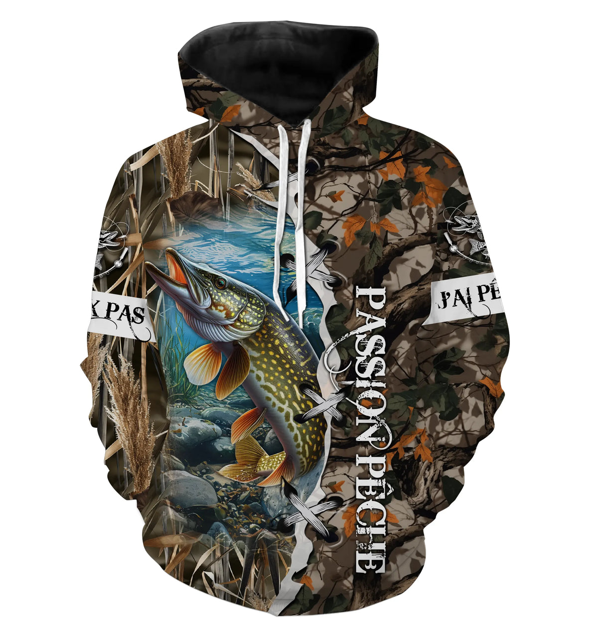 Sweater all-over pêche brochet camouflage roseau motif carnassier