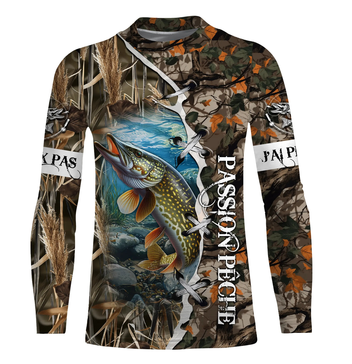 Débardeur all-over pêche brochet camouflage roseau motif carnassier