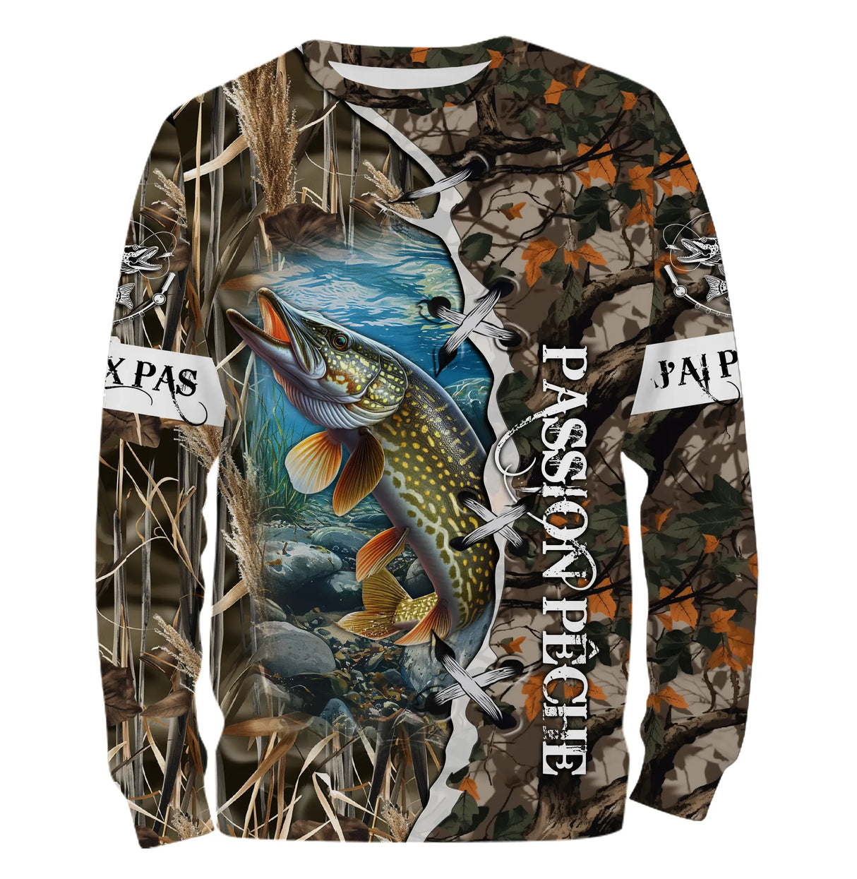 Sweat à capuche pêche brochet camouflage roseau lettrage Passion Pêche carnassier