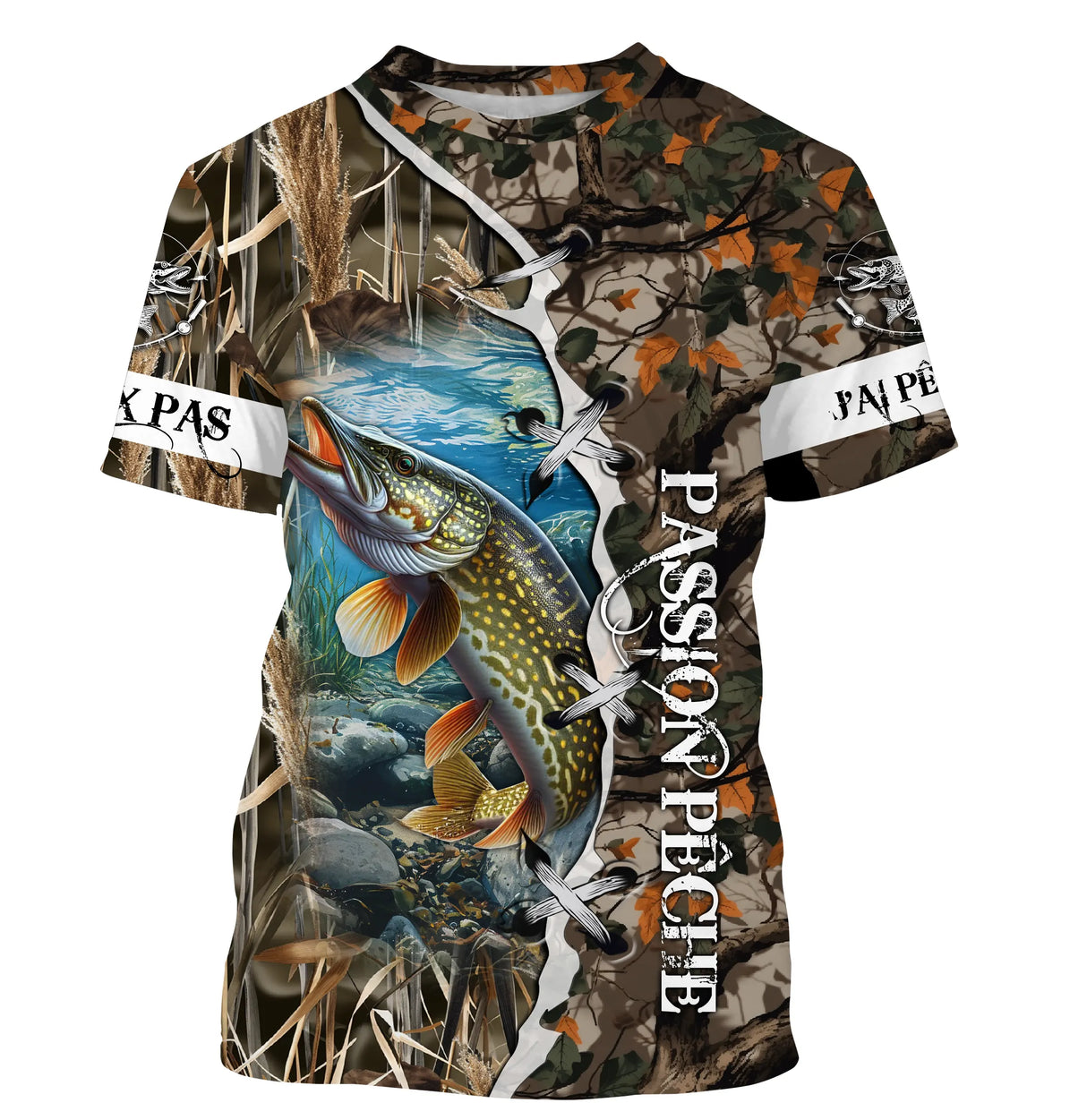 T-shirt all-over pêche brochet camouflage roseau Passion Pêche carnassier illustré, vue de face