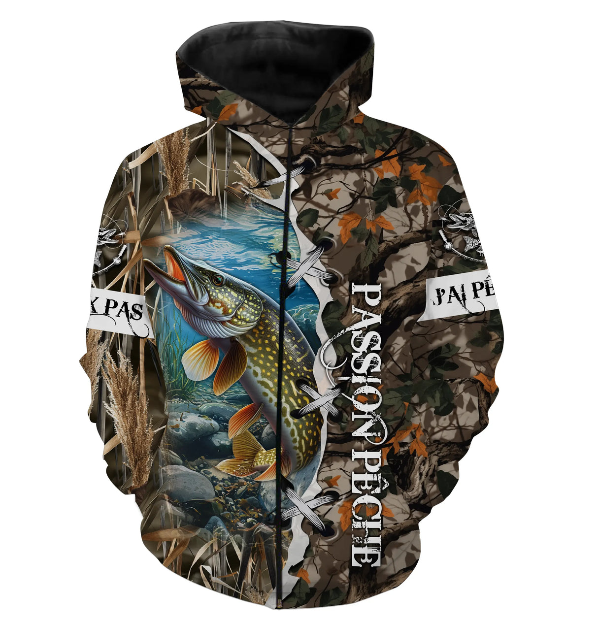 Sweat à capuche zippé pêche brochet camouflage roseau motif carnassier