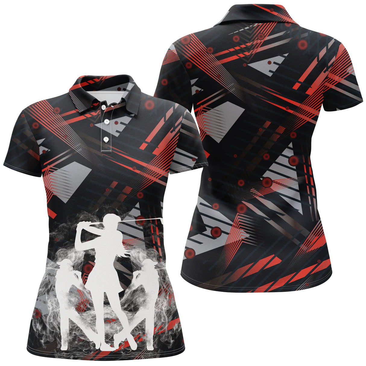 Polo golf noir et rouge femme avec figures de golfeurs et design dynamique