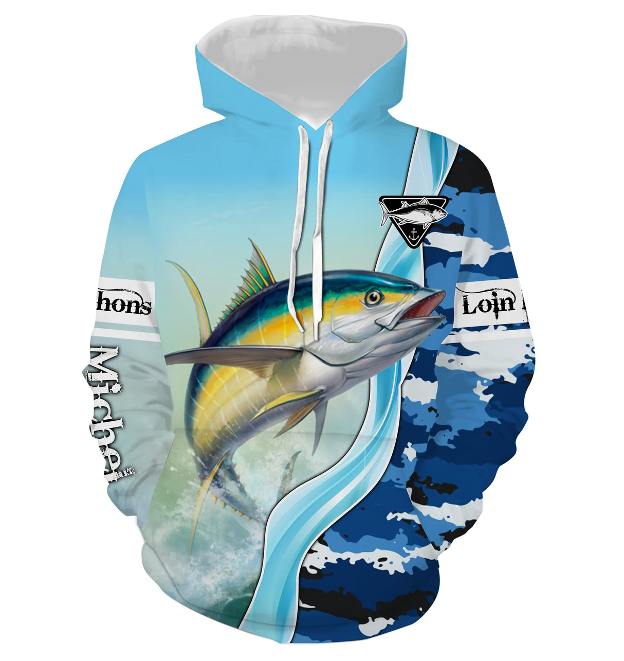 Sweat zippé pêche thon camouflage marin, prénom brodé manche, vêtement halieutique unisexe