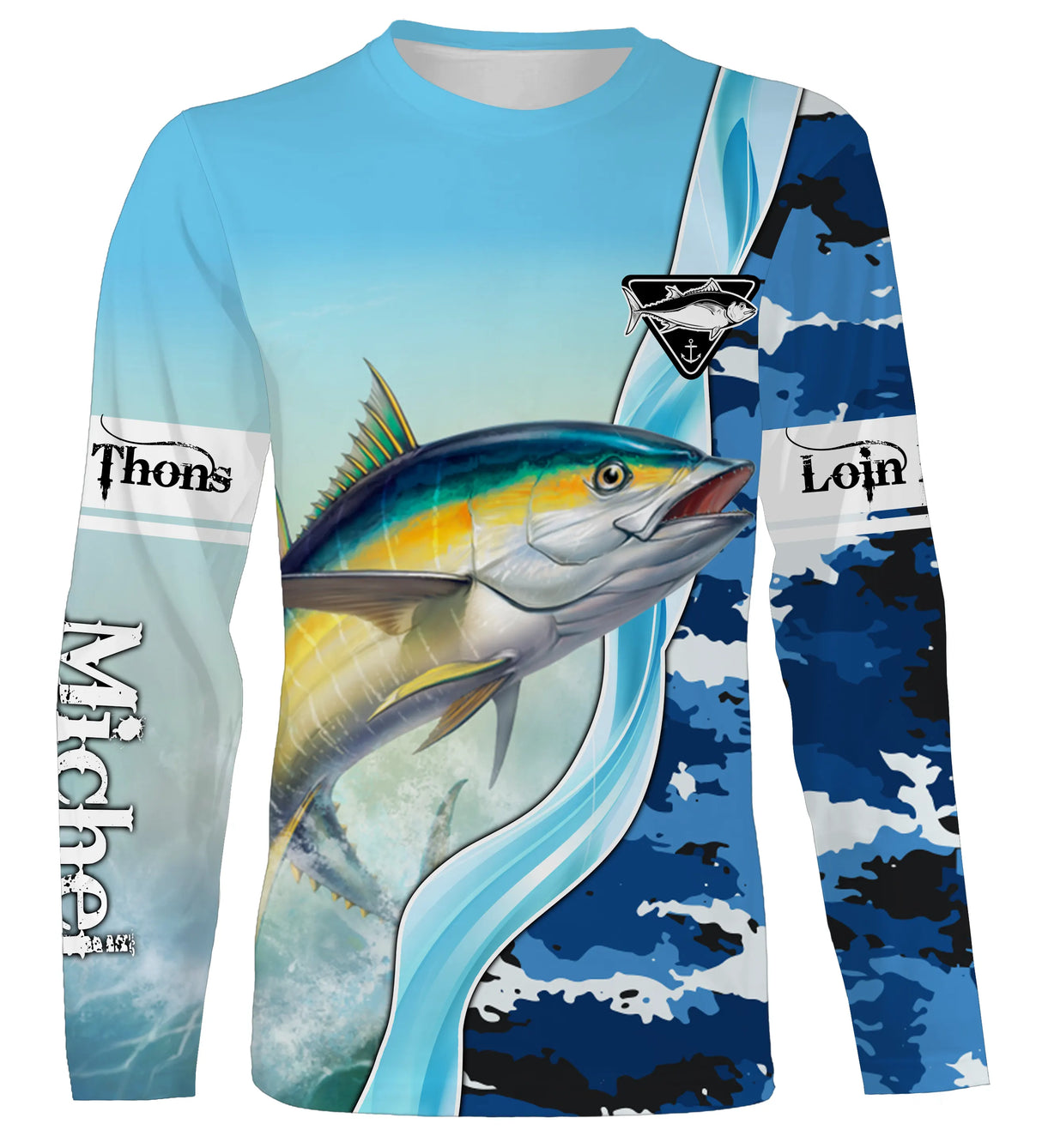 T-shirt manches longues pêche thon camouflage marin, prénom brodé manche, vêtement halieutique unisexe