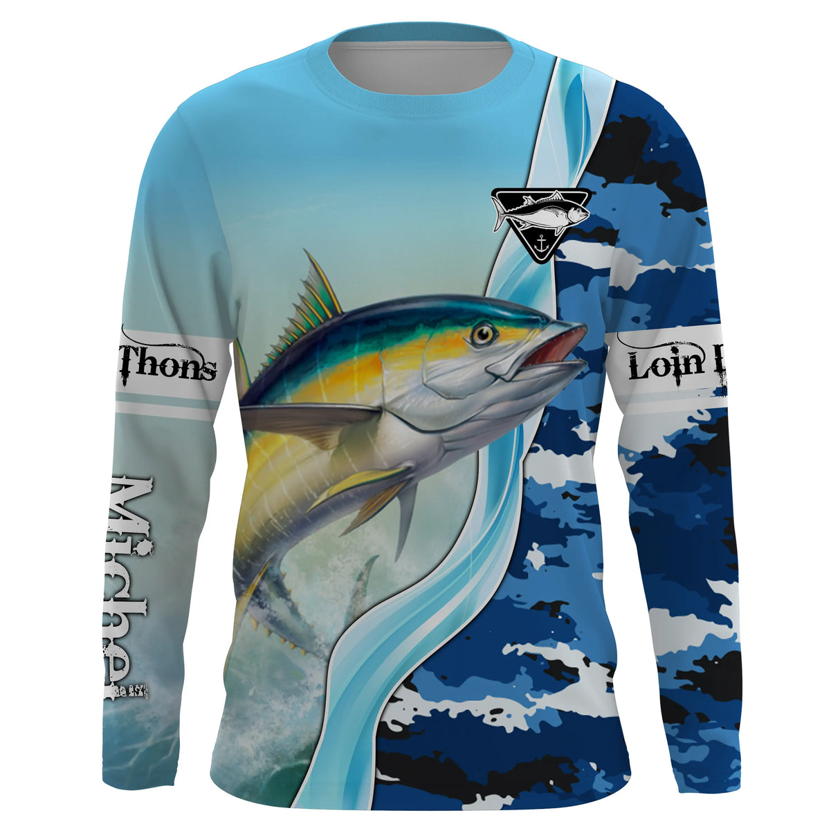 T-shirt anti UV manches longues pêche thon camouflage marin, design bicolore blanc et bleu, vêtement halieutique