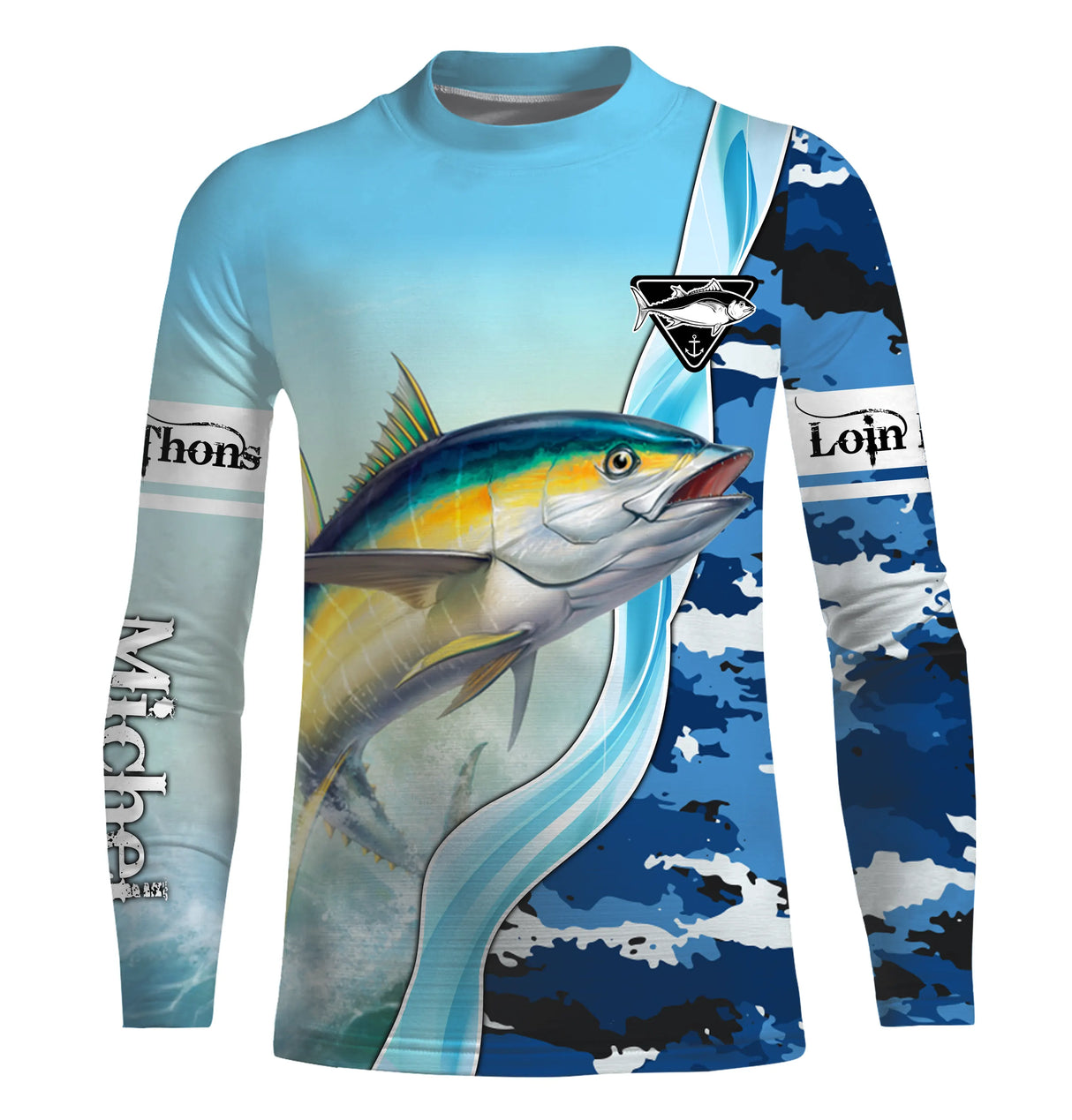 Tee shirt anti UV pêche thon vue dos, manche camouflage marin et illustration thon, vêtement technique pêcheur en mer