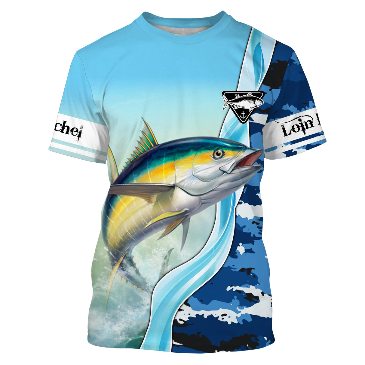 T-shirt manches courtes pêche thon camouflage, manche imprimée camo marin et illustration thon, accessoire personnalisable