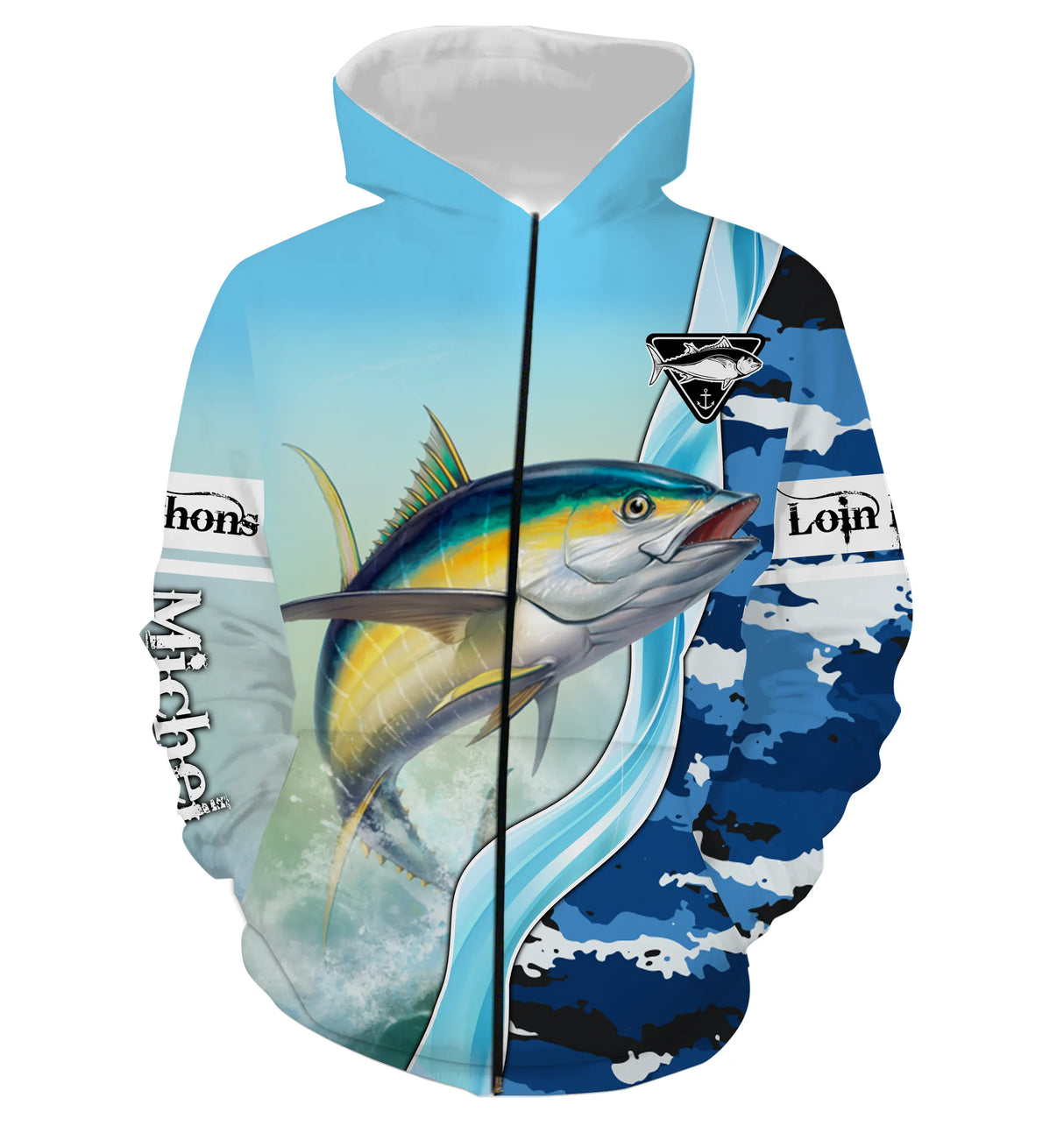 Polo zippé manches longues pêche thon camouflage marin, tenue technique pour skipper et guide pêche personnalisée