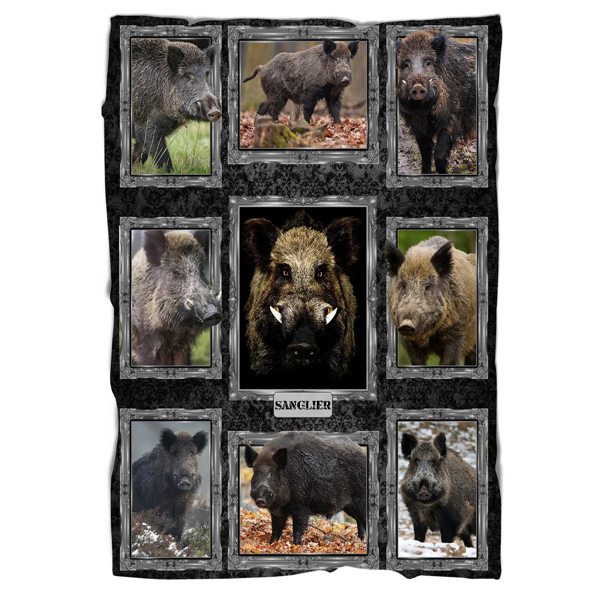 Plaid chasse sanglier vue d intérieur posé sur canapé clair, mosaïque de tableaux noirs et bruns, cadeau chasseur