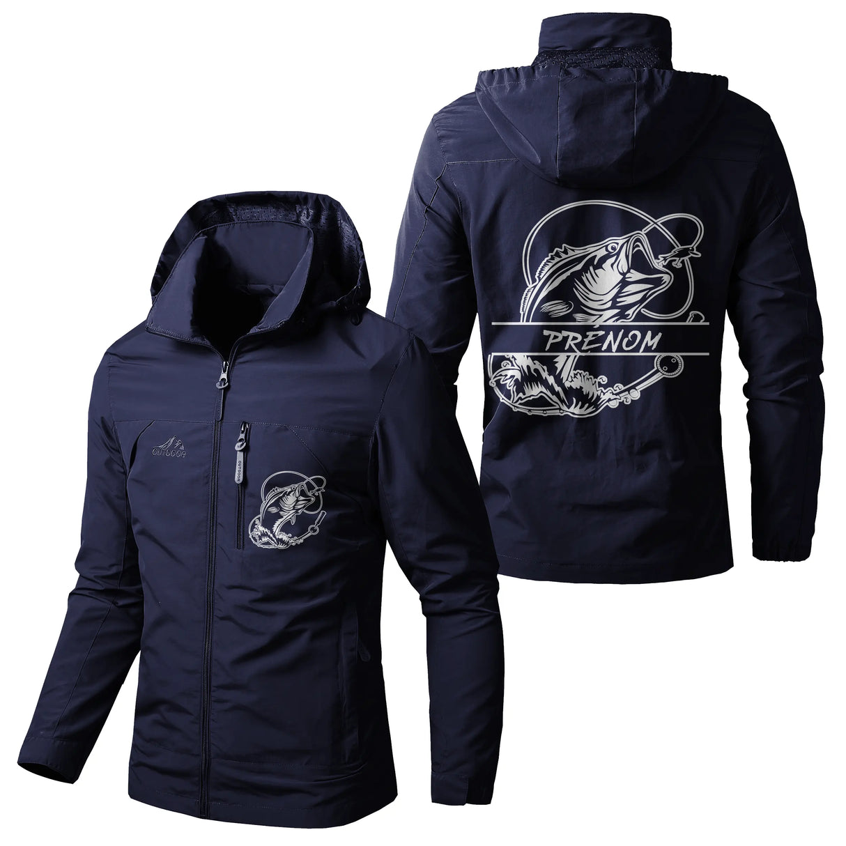 Veste imperméable coupe-vent pêche vert militaire avec capuche, bar stylisé, prénom personnalisé