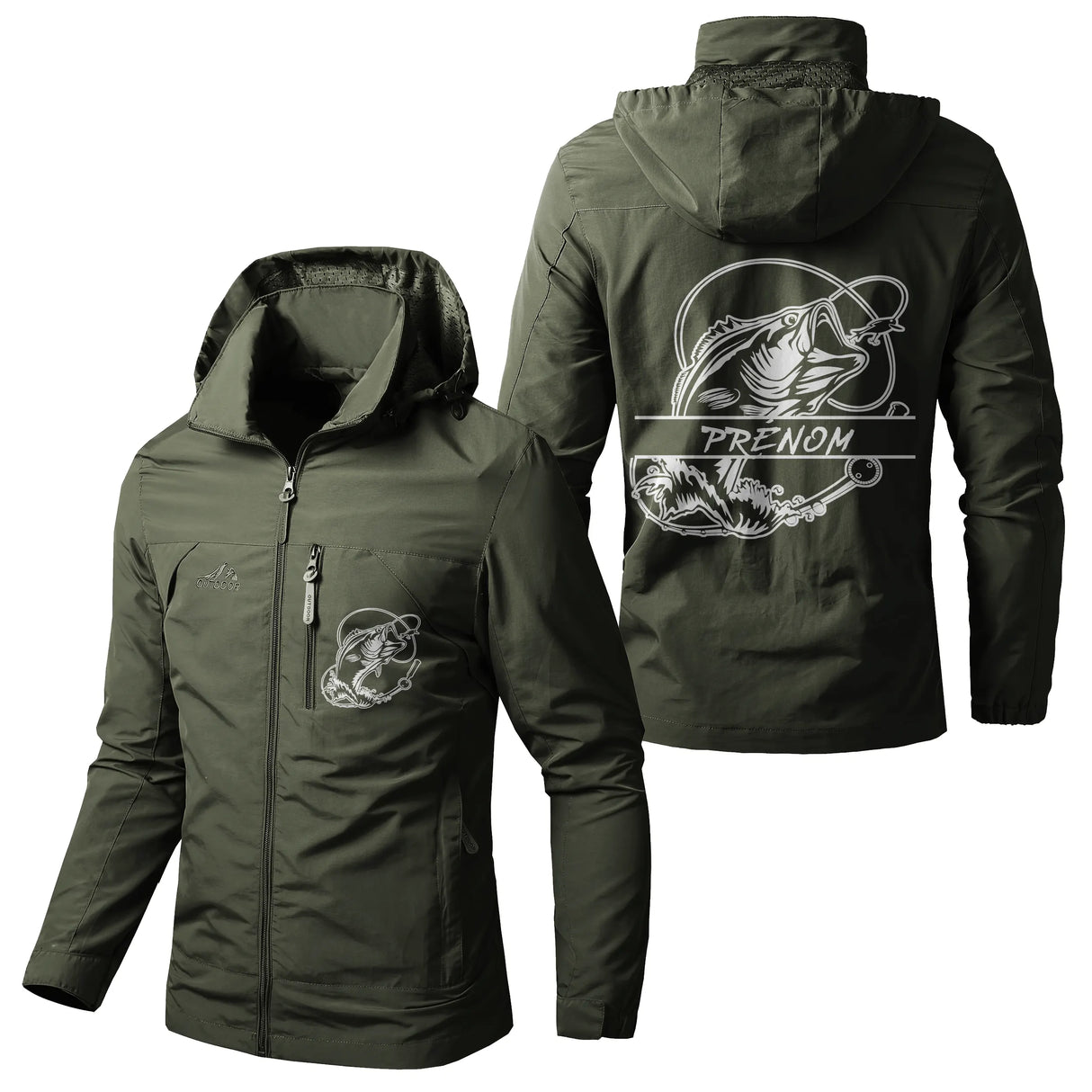 Veste imperméable coupe-vent pêche kaki avec capuche, motif bar pêcheur, prénom personnalisé